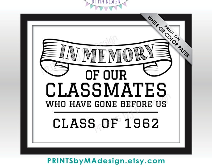 Class of 1962 Reunion Memorial, In Memory of the Classmates Who Have Gone Before Us, Remembrance, PRINTABLE 8x10” Memoriam Tribute Sign <ID>