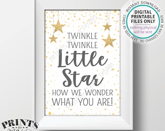 Twinkle Twinkle Little Star Baby Shower Decor Gray & Gold Glitter, How We Wonder What You Are Gender Reveal PRINTABLE 5x7” Stars Sign <ID>