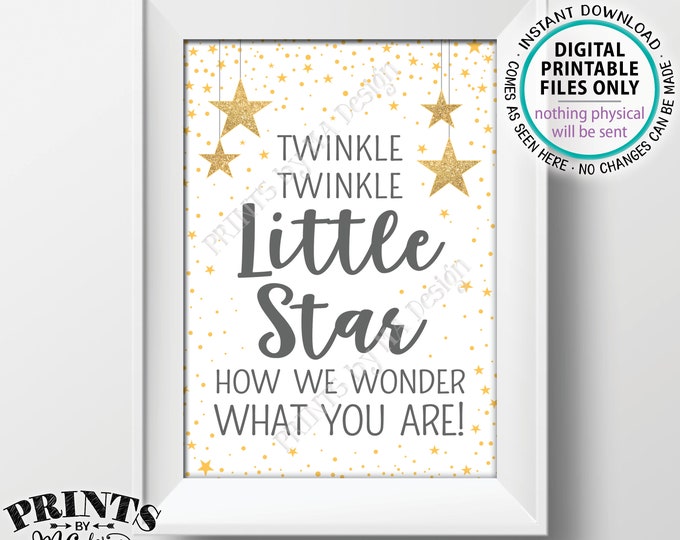 Twinkle Twinkle Little Star Baby Shower Decor Gray & Gold Glitter, How We Wonder What You Are Gender Reveal PRINTABLE 5x7” Stars Sign <ID>