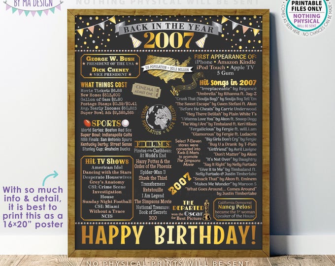 Back in the Year 2007 Birthday Sign, Flashback to 2007 Poster Board, ’07 B-day Gift, Bday Decoration, PRINTABLE 16x20” Sign <ID>