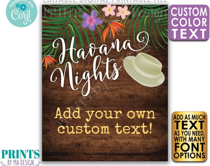 Editable Havana Nights Sign, Custom PRINTABLE 8x10/16x20” Brown Rustic Wood Style Sign, Palm Trees, Fedora Hat <Edit Yourself with Corjl>