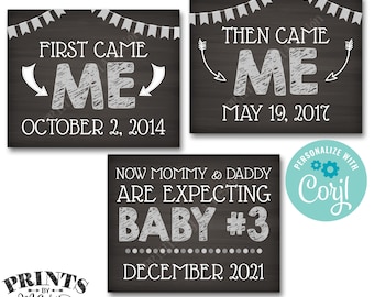 3rd Baby Pregnancy Announcement, First Came Me, Then Me Now Baby #3, PRINTABLE Baby Number 3 Reveal Signs <Edit Yourself with Corjl>