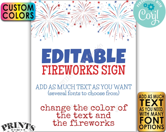 Editable Fireworks Sign, Patriotic 4th of July, Memorial/Labor Day, Choose Your Text, 1 PRINTABLE Portrait Sign <Edit Yourself w/Corjl>