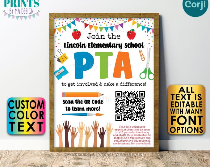 SALE! School Recruitment PTA or PTO Handout, Editable Flyer, Join, Volunteer, Custom Printable 8.5x11” Sign <Edit Yourself with Corjl>