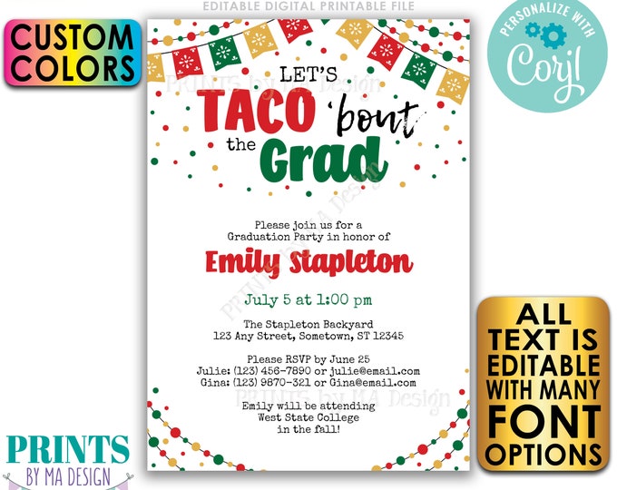 Editable Taco Graduation Party Invitation, Let's Taco 'bout the Grad, One Custom PRINTABLE 5x7" Invite <Edit Yourself with Corjl>