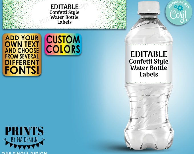 Editable Water Bottle Labels with Confetti, Custom Text & Colors, DIY PRINTABLE Water Bottle Labels on 8.5x11" Sheet <Edit Yourself w/Corjl>