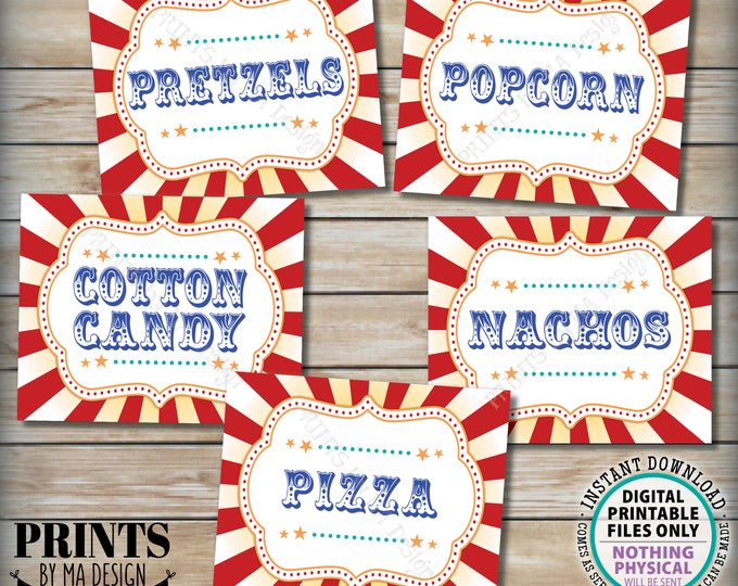 Carnival Food Signs, Popcorn, Cotton Candy, Pizza, Pretzels, Nachos, Circus, PRINTABLE 8x10/16x20” Carnival Theme Party Food Signs <ID>