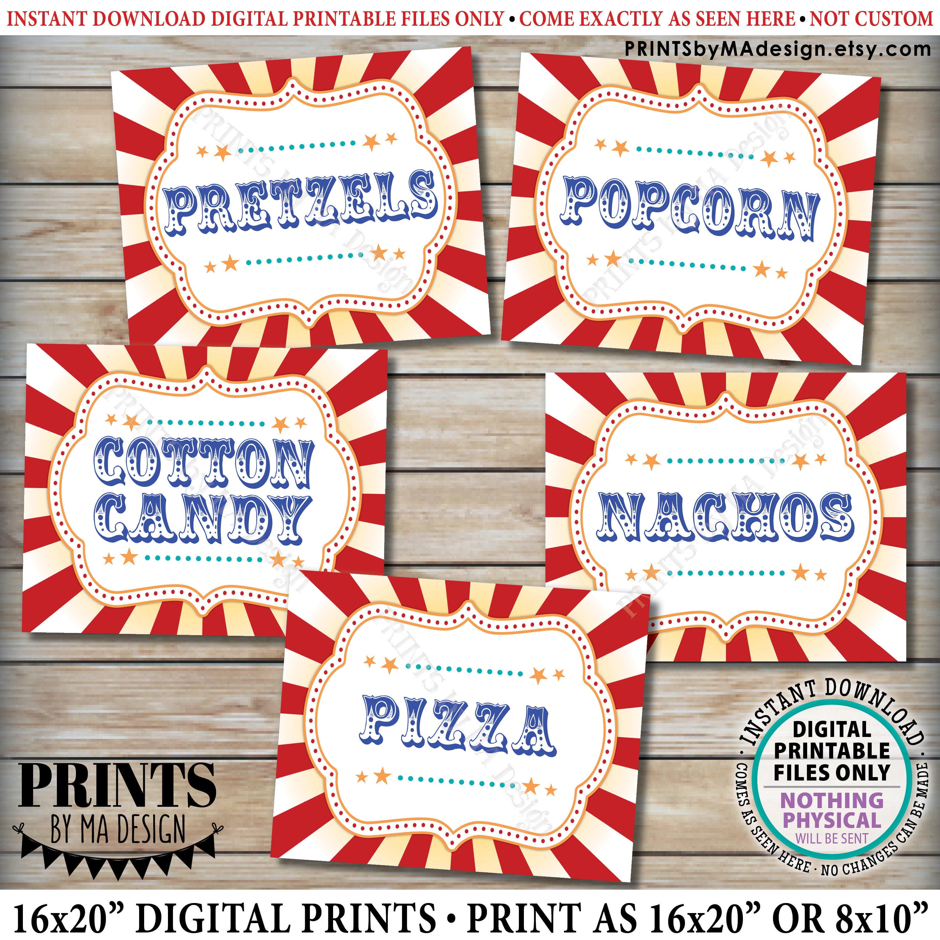 carnival-food-signs-popcorn-cotton-candy-pizza-pretzels-nachos-circus-printable-8x10