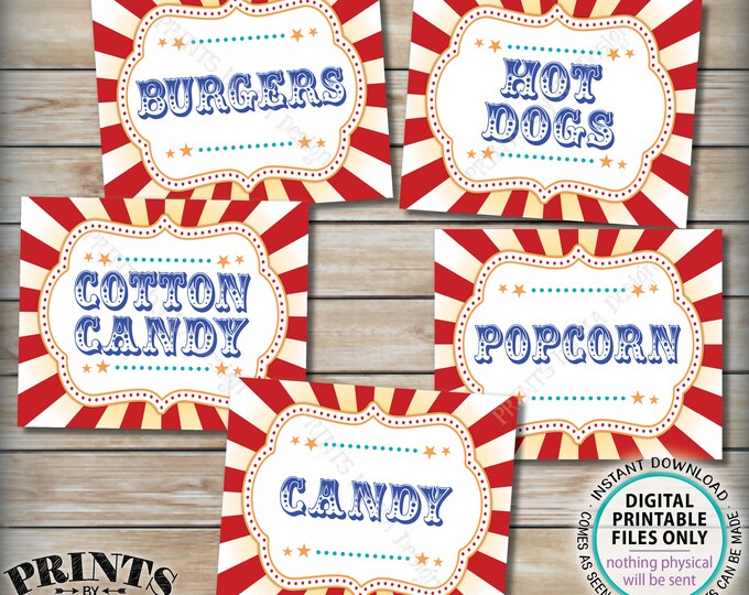 Carnival Food Signs, Food Carnival Theme Party, Cotton Candy, Hot Dogs, Burgers, Circus Theme Party, PRINTABLE 8x10/16x20” Instant Downloads