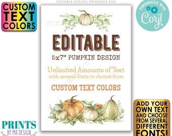 Editable Pumpkin Sign/Card, Choose Your Text, Create One Custom Fall Watercolor Style PRINTABLE 5x7” Portrait Sign <Edit Yourself w/Corjl>