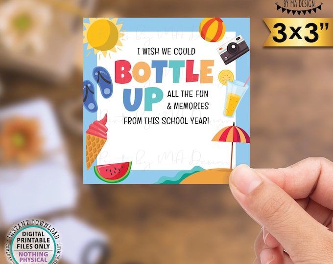 Water Bottle Gift Tags, Bottle Up a Great School Year, Remember Fun & Memories, Gift Idea, 3" Cards on PRINTABLE 8.5x11" Sheet, Blue <ID>