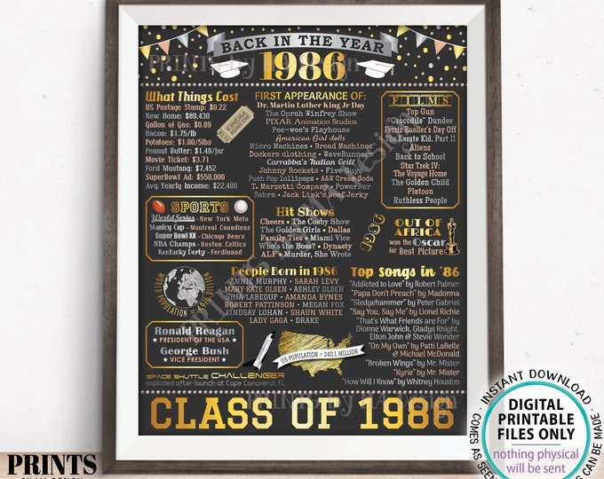 Class of 1986 Reunion Decoration, Back in the Year 1986 Poster Board, Flashback to 1986 High School Reunion, PRINTABLE 16x20” Sign <ID>