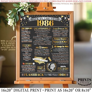 Cartel "De vuelta al año 1986", Letrero "Recuerda 1986", Retrospectiva a la historia de EE. UU. de 1986, Letrero IMPRIMIBLE de 16x20" <ID>