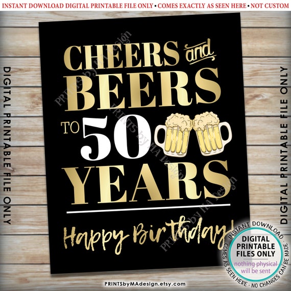 Saludos y cervezas por los 50 años, decoración de fiesta del 50.º cumpleaños,  quincuagésimo cumpleaños, IMPRIMIBLE 8x10/16x20 Signo del 50.º cumpleaños  Descarga instantánea -  España