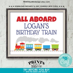 Puede incluir: Un cartel imprimible para una fiesta de cumplea&ntilde;os con el texto "All Aboard Logan's Birthday Train". El cartel presenta un tren de dibujos animados con vagones coloridos y nubes grises. El cartel est&aacute; dise&ntilde;ado para ser personalizado con Corjl.