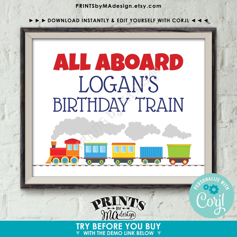 Puede incluir: Un cartel imprimible para una fiesta de cumplea&ntilde;os con el texto "All Aboard Logan's Birthday Train". El cartel presenta un tren de dibujos animados con vagones coloridos y nubes grises. El cartel est&aacute; dise&ntilde;ado para ser personalizado con Corjl.