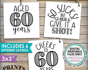 60th Birthday Party Signs, Alcohol Themed 60th B-day, Aged to Perfection Take a Shot, PRINTABLE Square 3x3" tags on 8.5x11" Instant Download