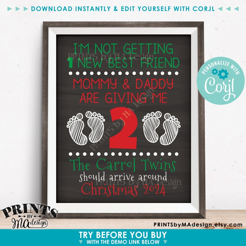 May include: A framed chalkboard-style print with text announcing a pregnancy. The design features green and red text, including the words "Mommy & Daddy are giving me 2" and "Christmas 2024". White footprints and dots add to the festive theme.