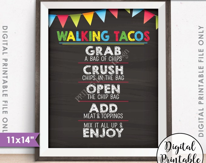 Walking Tacos Sign, Taco Bar, Fiesta Cinco de Mayo Sweet Sixteen Birthday, 11x14” Chalkboard Style Instant Download Digital Printable