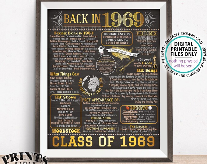 Back in 1969 Poster Board, Class of 1969 Reunion Decoration, Flashback to 1969 Graduating Class, PRINTABLE 16x20” Sign <ID>