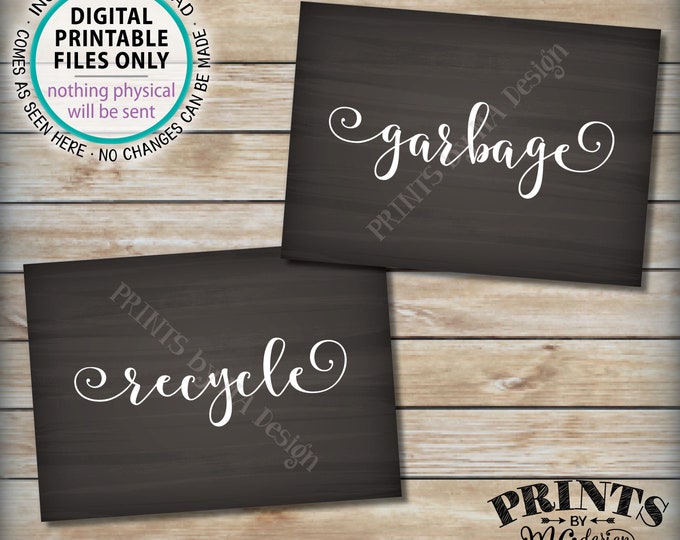 Garbage and Recyclable Signs, Trash & Recycling, Party Clean Up the Mess, 2 PRINTABLE 5x7” Chalkboard Style Signs <ID>