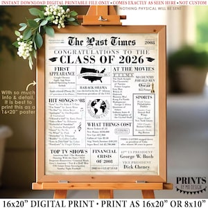 Datos curiosos de la generación de 2026, periódico del año 2008, recuerdos de los nacidos en 2008, letrero imprimible de 40 x 50 cm, decoración para fiesta de graduación <ID>
