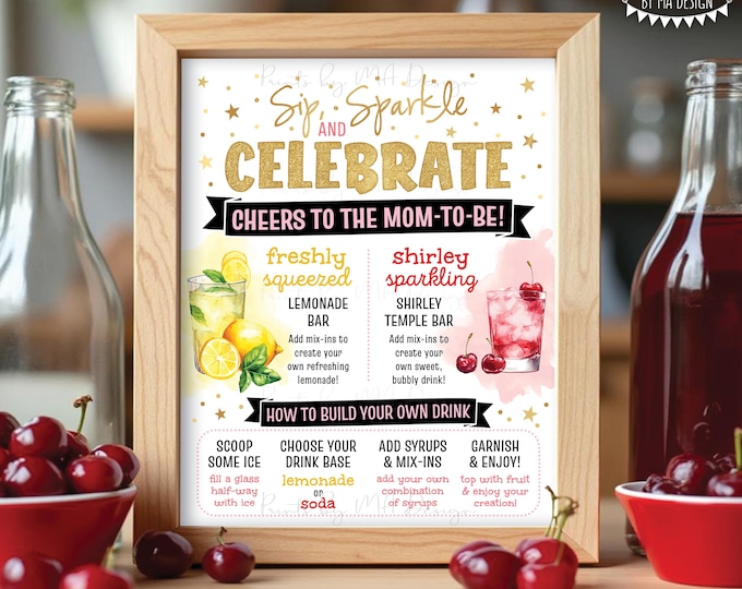 Shirley Temple and Lemonade Bar Baby Shower Beverage Sign, Mom-to-Be, Watercolor Style PRINTABLE 8x10/16x20” Drink Station Sign <ID>