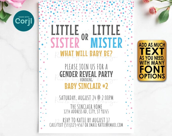Editable Gender Reveal Party Invitation, Blue or Pink, Confetti Dots, Custom PRINTABLE 5x7" Gender Reveal Invite <Edit Yourself with Corjl>