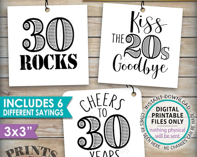 30th Birthday Party Candy Signs, Candy Bar, 30 Sucks Blows Rocks, Kiss 20s Goodbye, PRINTABLE Square 3x3" tags on 8.5x11" Instant Download