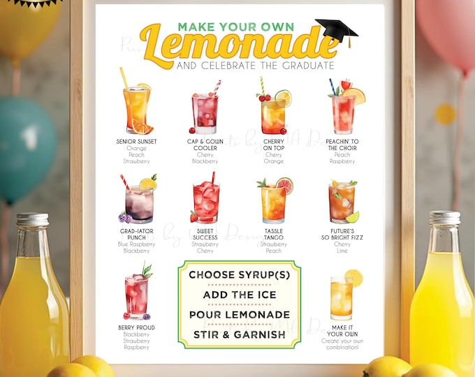 Graduation Party Lemonade Menu, Lemonade Bar Drink Station, Celebrate the Graduate, Digital PRINTABLE 8x10/16x20” Grad Party Decoration <ID>