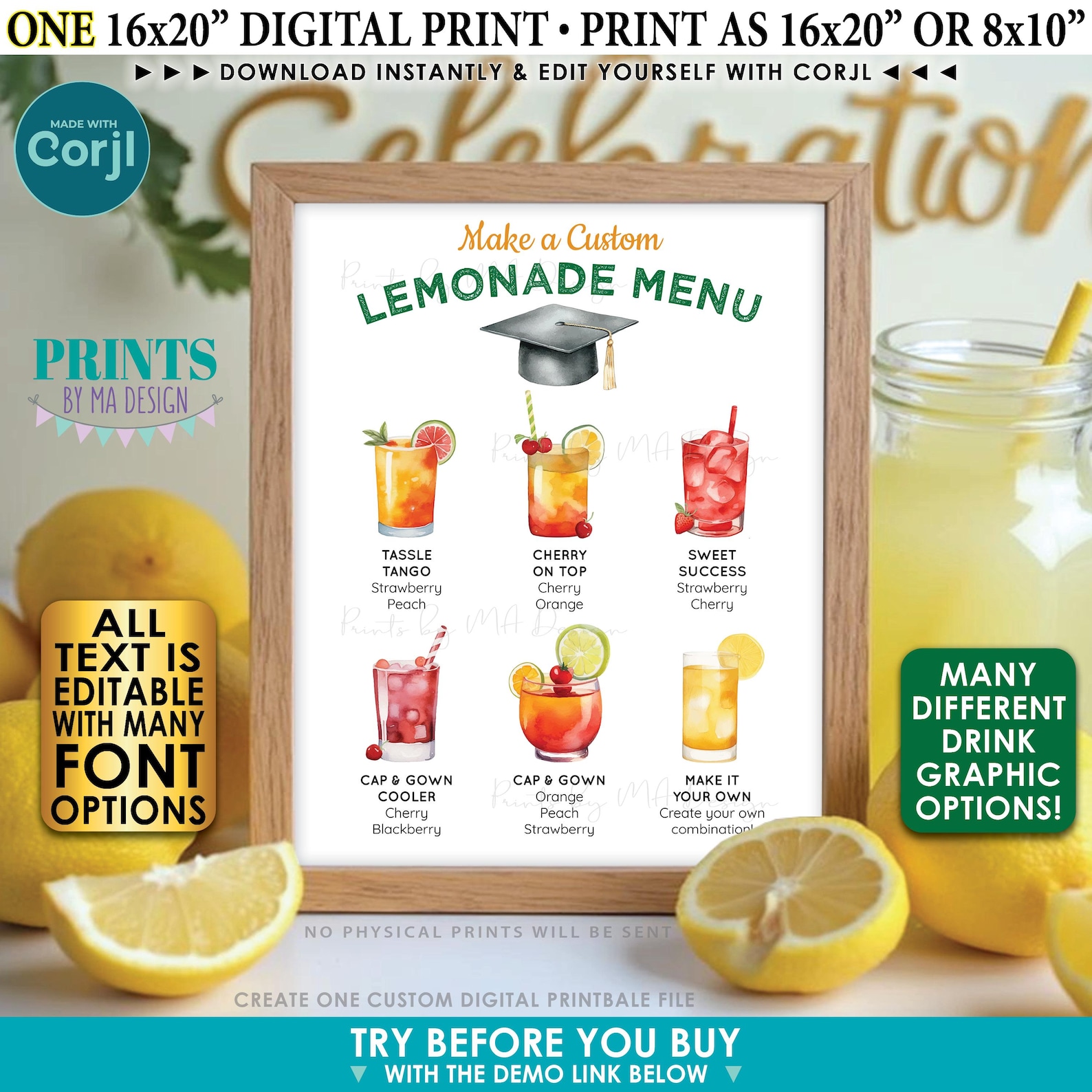 Editable Graduation Lemonade Menu Sign, DIY Signature Drink Station ...