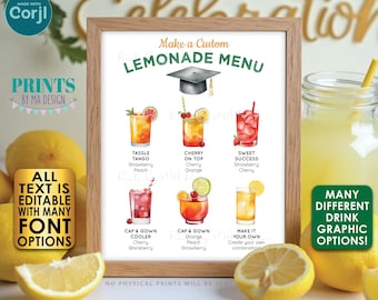 Editable Graduation Lemonade Menu Sign, DIY Signature Drink Station, Custom PRINTABLE 8x10/16x20” Beverage Sign <Edit Yourself with Corjl>