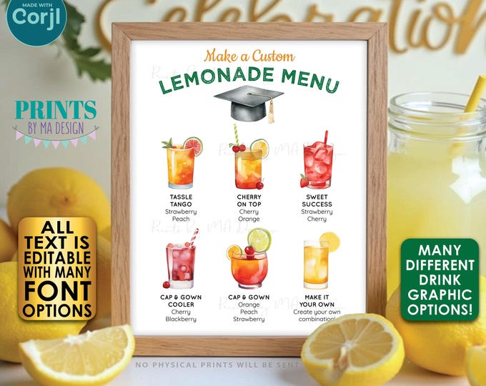 Editable Graduation Lemonade Menu Sign, DIY Signature Drink Station, Custom PRINTABLE 8x10/16x20” Beverage Sign <Edit Yourself with Corjl>