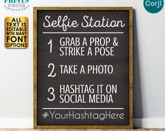 Editable Selfie Station Sign, Share on Social Media, All Text Custom, PRINTABLE 8x10/16x20” Chalkboard Style Sign <Edit Yourself w/Corjl>