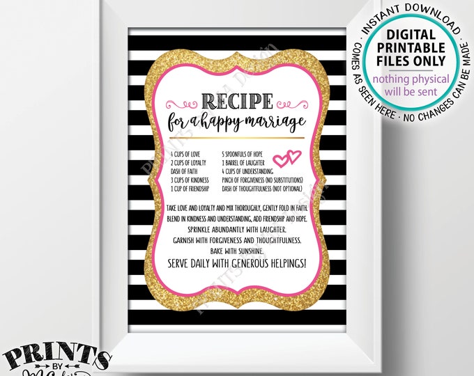 Recipe for a Happy Marriage Sign, Key to a Happy Marriage, Cute, Funny, Marriage Advice, PRINTABLE 5x7” Black Pink & Gold Wedding Sign <ID>