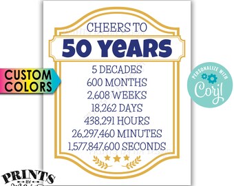 Cheers to 50 Years, 50th Birthday, 50th Anniversary, Cheers & Beers Party, PRINTABLE 8x10/16x20” Sign <Edit Colors Yourself with Corjl>