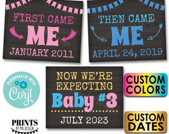 3rd Baby Pregnancy Announcement, First Came Me Then Came Me Now We're Expecting Baby #3, Three PRINTABLE Signs <Edit Yourself w/Corjl>