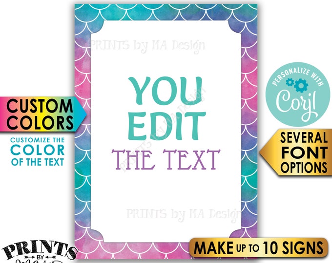 Custom Mermaid Signs, Choose Your Text, Under the Sea Mermaid Party, Up to 10 PRINTABLE 5x7" Portrait Signs <Edit Yourself with Corjl>