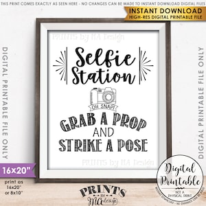 Op de afbeelding: Zwart-witte printbare poster met de tekst "Selfie Station", een camera-afbeelding en de tekst "Pak een rekwisiet en poseer".