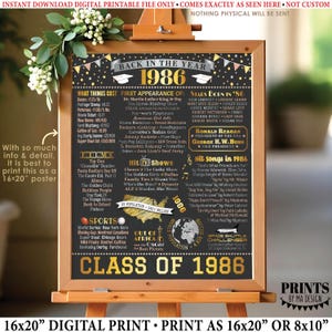 Decoración para la reunión de la promoción de 1986, cartel "De vuelta al año 1986", recuerdo de la reunión de exalumnos de 1986, cartel imprimible de 16x20" <ID>