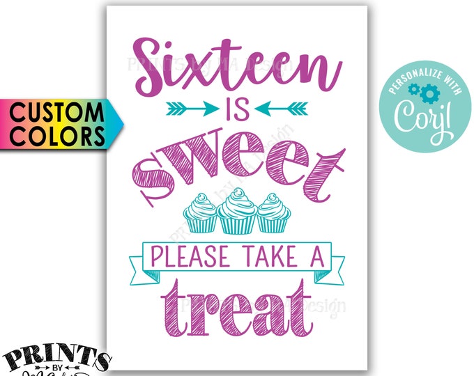 Sweet 16 Party Sign, Sixteen is Sweet Please Take a Treat, Birthday Party Favors, PRINTABLE 5x7” Cupcakes Sign <Edit Yourself with Corjl