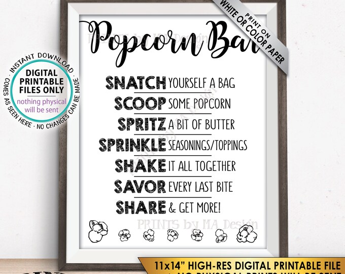 Popcorn Bar Sign, Popcorn Toppings, Popcorn Bar Directions, Wedding, Retirement, Birthday, Digital PRINTABLE 11x14” Instant Download Sign