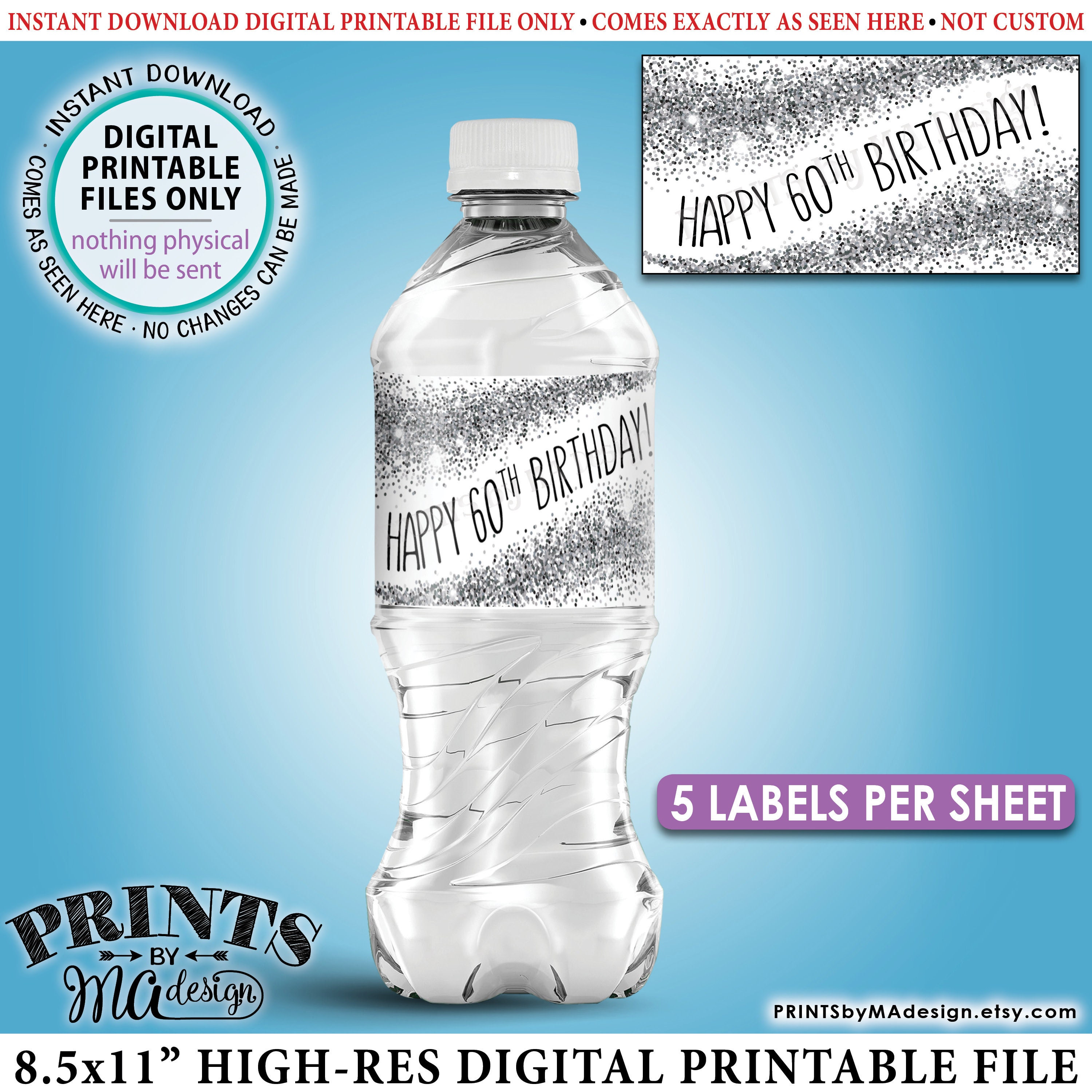 60th birthday water bottle labels silver glitter bday party decor