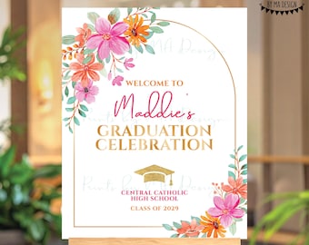 Graduation Party Welcome Sign, Pink & Orange Flowers, Gold Cap, Custom PRINTABLE 8x10/16x20” Grad Decoration, PRINTABLE 8x10/16x20” Sign