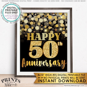 Segno del cinquantesimo anniversario, felice anniversario, biglietto d'oro per il cinquantesimo anniversario, 50 anni, glitter nero e oro 8x10" Download immediato STAMPABILE