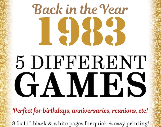 1983 Party Games, Back in the Year 1983 Trivia, Flashback to '83 Games Bundle, Birthday Anniversary Reunion, 5 PRINTABLE 8.5x11" Games <ID>