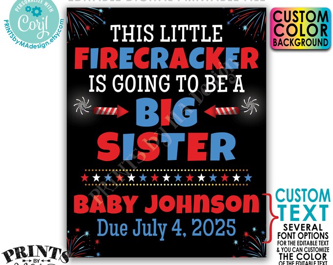 4th of July Pregnancy Announcement, Little Firecracker is Going to be a Big Sister, Custom PRINTABLE Baby #2 Sign <Edit Yourself w/Corjl>