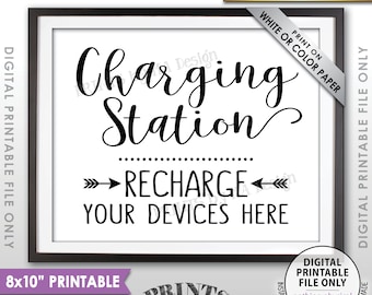 Charging Station Sign, Recharge Your Devices Here, Wedding Charge Bar, Recharge Here, Low Battery Charge, B&W PRINTABLE 8x10” Sign <ID>