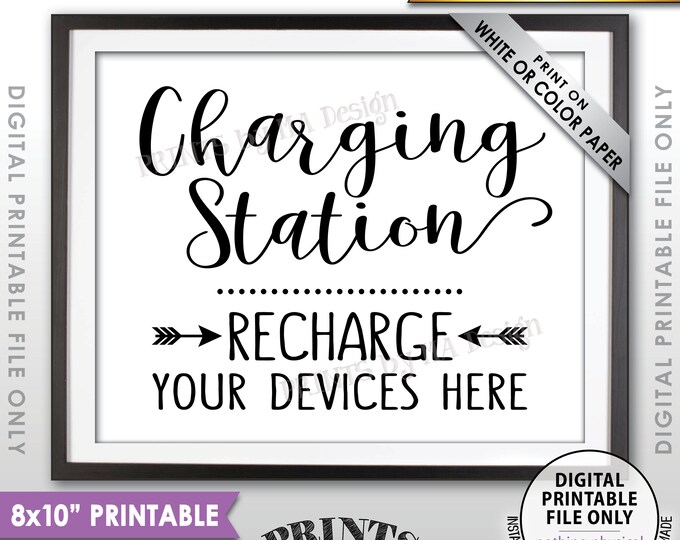 Charging Station Sign, Recharge Your Devices Here, Wedding Charge Bar, Recharge Here, Low Battery Charge, B&W PRINTABLE 8x10” Sign <ID>