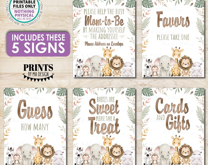Baby Shower Signs Bundle Pack, Jungle Safari Animals, Cards & Gifts, Favors, Sweet Treat, Guess How Many, 5 PRINTABLE 8x10” Signs <ID>